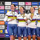 Left to right, Great Britain's Katie Archibald, Anna Morris, Elinor Barker and Josie Knight (right) with team-mate celebrate with their gold medals.