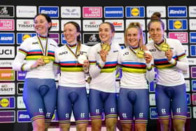 Left to right, Great Britain's Katie Archibald, Anna Morris, Elinor Barker and Josie Knight (right) with team-mate celebrate with their gold medals.
