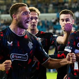 Rangers striker Cyriel Dessers celebrates scoring his 94th minute equaliser against Dynamo Kyiv in the Champions League third qualifying round first leg at Arena Lublin, Poland. (Photo by Alan Harvey / SNS Group)