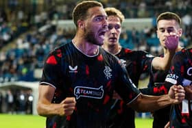 Rangers striker Cyriel Dessers celebrates scoring his 94th minute equaliser against Dynamo Kyiv in the Champions League third qualifying round first leg at Arena Lublin, Poland. (Photo by Alan Harvey / SNS Group)