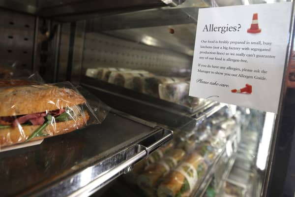 An allergy warning notice displayed next to food in a branch of Pret A Manger (Picture: Yui Mok/PA Wire)