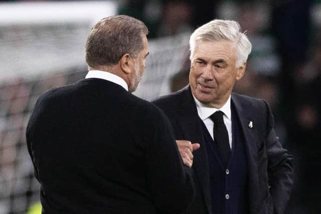 Real Madrid boss Carlo Ancelotti, right, had warm words for Ange Postecoglou's Celtic team.