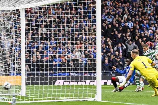 Rangers' Fashion Sakala knows into the side netting during his side's Scottish Cup semi-final defeat to Celtic - one of two glaring misses in derby cup-tie losses last season that led to the striker's valuable contribution under Michael Beale to be overlooked. (Photo by Rob Casey / SNS Group)
