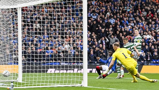 Rangers' Fashion Sakala knows into the side netting during his side's Scottish Cup semi-final defeat to Celtic - one of two glaring misses in derby cup-tie losses last season that led to the striker's valuable contribution under Michael Beale to be overlooked. (Photo by Rob Casey / SNS Group)