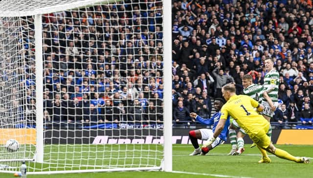 Rangers' Fashion Sakala knows into the side netting during his side's Scottish Cup semi-final defeat to Celtic -  one of two glaring misses in derby cup-tie losses last season that led to the striker's valuable contribution under Michael Beale to be overlooked.  (Photo by Rob Casey / SNS Group)