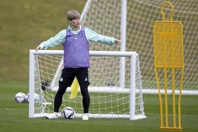 Kyogo Furuhashi trains ahead of Celtic's Scottish Cup clash with Rangers.