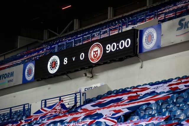 Scoreboard during the Scottish Premiership match between Rangers and Hamilton at Ibrox Stadium on November 08, 2020, in Glasgow, Scotland. (Photo by Alan Harvey / SNS Group)