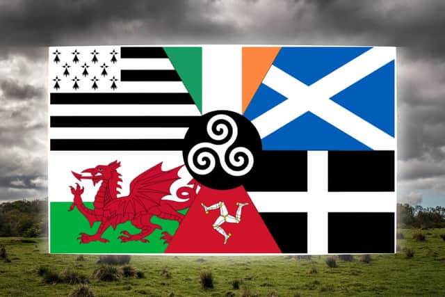 This combined flag of the Celtic nations represents Irish, Scottish Gaelic, Manx, Welsh, Cornish and Breton (which is an extant language of the Brythonic group.)