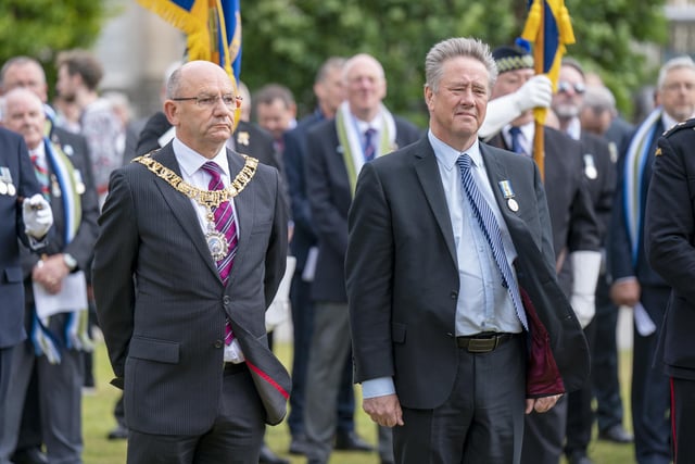 Lord Provost of the City of Edinburgh Robert Aldridge (left) joins Cabinet Secretary for Justice and Veterans Keith Brown MSP (right) and senior military personnel, as well as Falklands veterans and members of the wider armed forces community, to remember the 40th anniversary of the end of the conflict, during a parade and service of remembrance in Edinburgh.