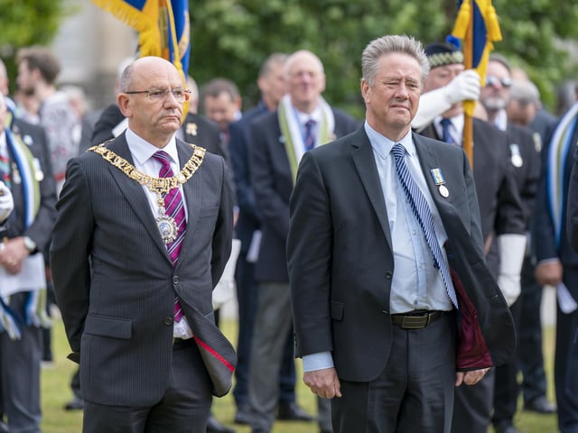 Lord Provost of the City of Edinburgh Robert Aldridge (left) joins Cabinet Secretary for Justice and Veterans Keith Brown MSP (right) and senior military personnel, as well as Falklands veterans and members of the wider armed forces community, to remember the 40th anniversary of the end of the conflict, during a parade and service of remembrance in Edinburgh.