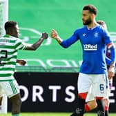 Rangers' Connor Goldson (R) and Celtic's Ismaila Soro at full time during the Scottish Premiership match between Celtic and Rangers at Celtic Park, on March 21, 2021 (Photo by Rob Casey / SNS Group)