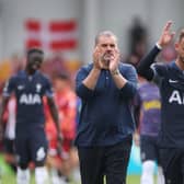 Ange Postecoglou applauds the travelling Tottenham fans after the 1-1 draw at Brentford in his opening Premier League match. (Photo by Julian Finney/Getty Images)