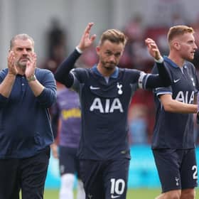 Ange Postecoglou applauds the travelling Tottenham fans after the 1-1 draw at Brentford in his opening Premier League match. (Photo by Julian Finney/Getty Images)