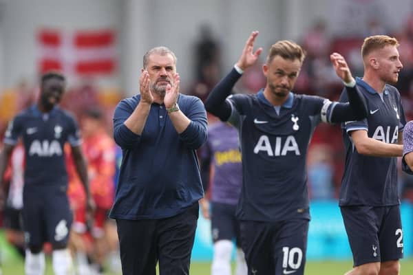 Ange Postecoglou applauds the travelling Tottenham fans after the 1-1 draw at Brentford in his opening Premier League match. (Photo by Julian Finney/Getty Images)
