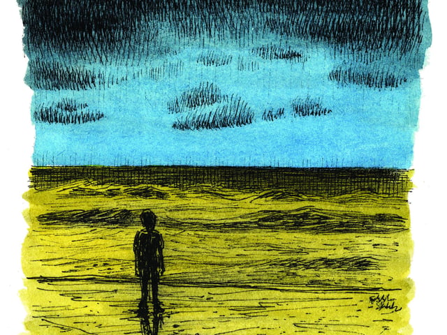 In February we had the dreadful news that Russia had invaded Ukraine and there was war in Europe. Sometimes drawing can feel very trivial but I wanted to show support and as thoughts were all looking overseas I drew this crosshatched sketch as if looking out from Granton beach.