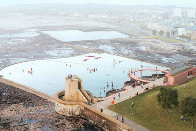 The original tidal pools at Saltcoats will be revived with a series of steps, platforms and walkways to allow swimmers to enter the water safely. A viewing platform over the water has also been proposed. PIC: Chris Romer-Lee/Studio Octopi.