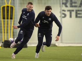 Finn Russell (left) and Blair Kinghorn during a Scotland training session at the Oriam.  (Photo by Ross MacDonald / SNS Group)