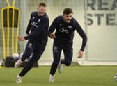 Finn Russell (left) and Blair Kinghorn during a Scotland training session at the Oriam.  (Photo by Ross MacDonald / SNS Group)