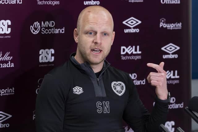Steven Naismith gets his point across at his first press conference since taking charge of Hearts. (Photo by Mark Scates / SNS Group)