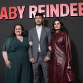 Richard Gadd, centre, the star and creator of "Baby Reindeer," poses with cast members Jessica Gunning, left, and Nava Mau at a photo call for the Netflix miniseries at the Directors Guild of America on Tuesday in Los Angeles. Photo: AP Photo/Chris Pizzello