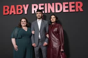 Richard Gadd, centre, the star and creator of "Baby Reindeer," poses with cast members Jessica Gunning, left, and Nava Mau at a photo call for the Netflix miniseries at the Directors Guild of America on Tuesday in Los Angeles. Photo: AP Photo/Chris Pizzello