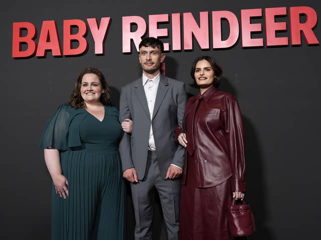 Richard Gadd, centre, the star and creator of "Baby Reindeer," poses with cast members Jessica Gunning, left, and Nava Mau at a photo call for the Netflix miniseries at the Directors Guild of America on Tuesday in Los Angeles. Photo: AP Photo/Chris Pizzello