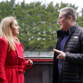 Labour leader Sir Keir Starmer joins parliamentary candidate Gen Kitchen at the home of AFC Rushden & Diamonds, in Rushden, Northamptonshire, ahead of the Wellingborough by-election. Picture: Joe Giddens/PA Wire