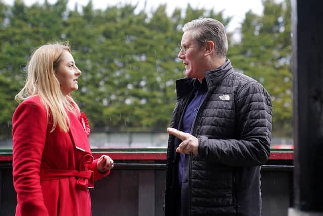 Labour leader Sir Keir Starmer joins parliamentary candidate Gen Kitchen at the home of AFC Rushden & Diamonds, in Rushden, Northamptonshire, ahead of the Wellingborough by-election. Picture: Joe Giddens/PA Wire