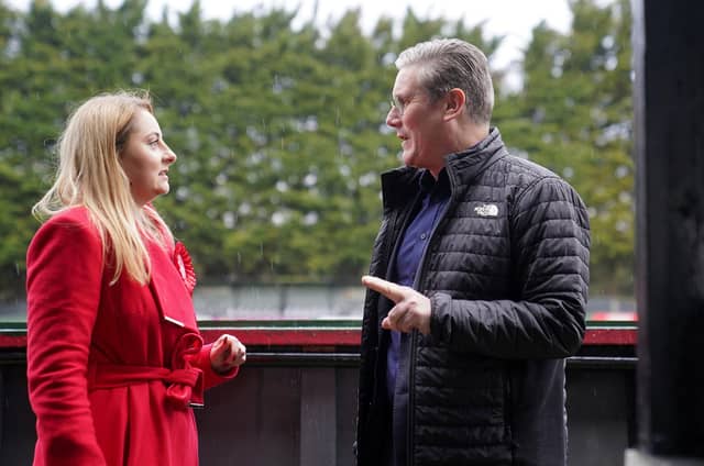 Labour leader Sir Keir Starmer joins parliamentary candidate Gen Kitchen at the home of AFC Rushden & Diamonds, in Rushden, Northamptonshire, ahead of the Wellingborough by-election. Picture: Joe Giddens/PA Wire