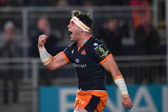 Edinburgh's Connor Boyle celebrates after scoring a second half try against Bath. (Photo by Ross MacDonald / SNS Group)