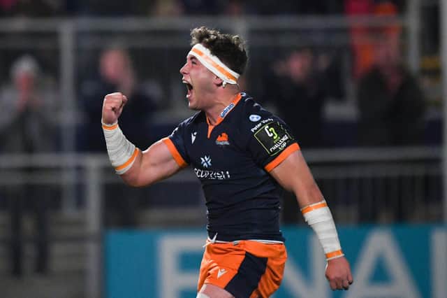 Edinburgh's Connor Boyle celebrates after scoring a second half try against Bath. (Photo by Ross MacDonald / SNS Group)