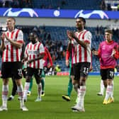 PSV's Cody Gakpo (centre) at full time during a UEFA Champions League Play-Off Round match between Rangers and PSV Eindhoven at Ibrox Stadium, on August 16, 2022, in Glasgow, Scotland.  (Photo by Alan Harvey / SNS Group)