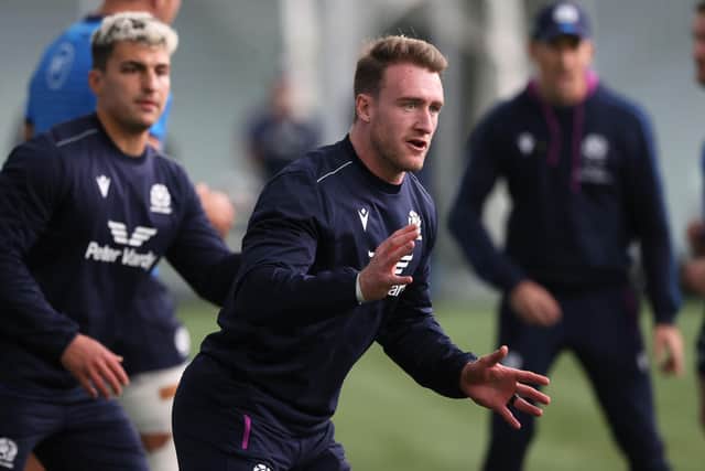 Stuart Hogg, with Damien Hoyland, during Scotland training at Oriam. (Photo by Craig Williamson / SNS Group)