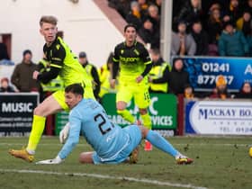 Motherwell's Mikael Mandron (not in frame) scores to make it 0-1 during a Scottish Cup fourth round match against Arbroath.
