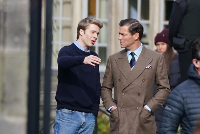 Ed McVey, playing the part of Prince William and Dominic West playing the part of Prince of Wales as they film scenes for the next season of The Crown