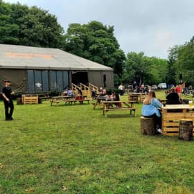The old Grand Tour tent has been erected on the grounds of Jeremy Clarkson's The Farmer's Dog pub. Picture: Scott Reid