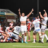 Scotland's Sam Skinner (centre) celebrates Exeter's victory at Gloucester. (Photo by Nathan Stirk/Getty Images)