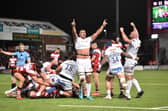 Scotland's Sam Skinner (centre) celebrates Exeter's victory at Gloucester. (Photo by Nathan Stirk/Getty Images)