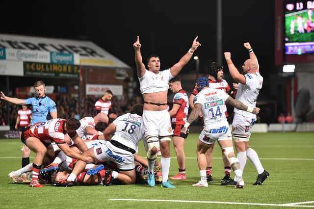 Scotland's Sam Skinner (centre) celebrates Exeter's victory at Gloucester. (Photo by Nathan Stirk/Getty Images)