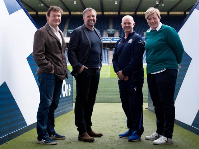 Gordon Bulloch (former Scotland player), Professor Craig Ritchie (Director, Brain Health Scotland), Dr James Robson (Chief Medical Officer, Scottish Rugby) and Jilly McCord (former Scotland player)  at the launch of the Brain Health Clinic at BT Murrayfield,. (Photo by Ross Parker / SNS Group)