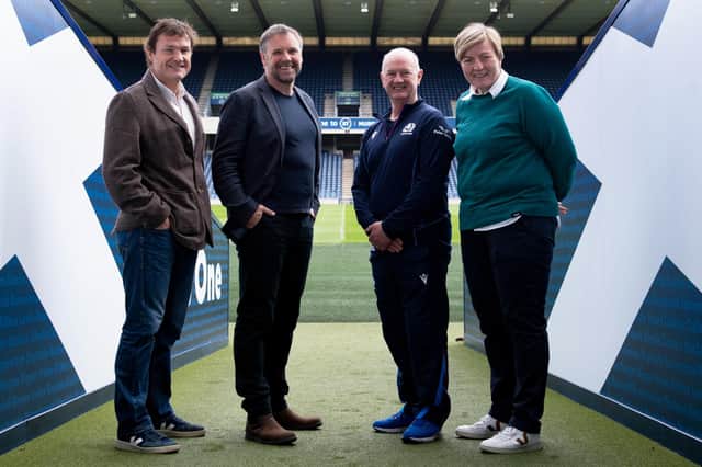 Gordon Bulloch (former Scotland player), Professor Craig Ritchie (Director, Brain Health Scotland), Dr James Robson (Chief Medical Officer, Scottish Rugby) and Jilly McCord (former Scotland player) at the launch of the Brain Health Clinic at BT Murrayfield,. (Photo by Ross Parker / SNS Group)