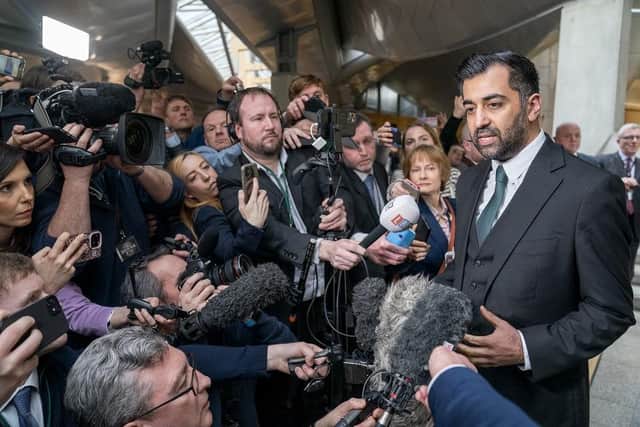 Humza Yousaf speaks to the media after being voted the new First Minister at the Scottish Parliament in Edinburgh.