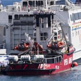 The Open Arms vessel, carrying two-hundred tonnes of food aid to Gaza Strip, is seen docked in the Cypriot port of Larnaca on March 11