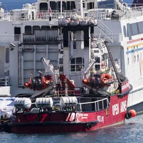 The Open Arms vessel, carrying two-hundred tonnes of food aid to Gaza Strip, is seen docked in the Cypriot port of Larnaca on March 11