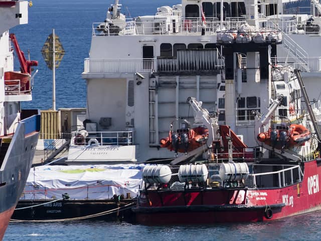 The Open Arms vessel, carrying two-hundred tonnes of food aid to Gaza Strip, is seen docked in the Cypriot port of Larnaca on March 11