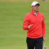Rory McIlroy reacts after he holes his birdie putt on the 18th green at Royal St George's. Picture: Andy Buchanan/AFP via Getty Images.