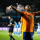 Rangers striker Alfredo Morelos celebrates making it 3-1 over Kilmarnock at Rugby Park. (Photo by Alan Harvey / SNS Group)