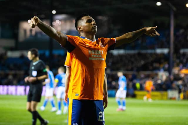 Rangers striker Alfredo Morelos celebrates making it 3-1 over Kilmarnock at Rugby Park. (Photo by Alan Harvey / SNS Group)