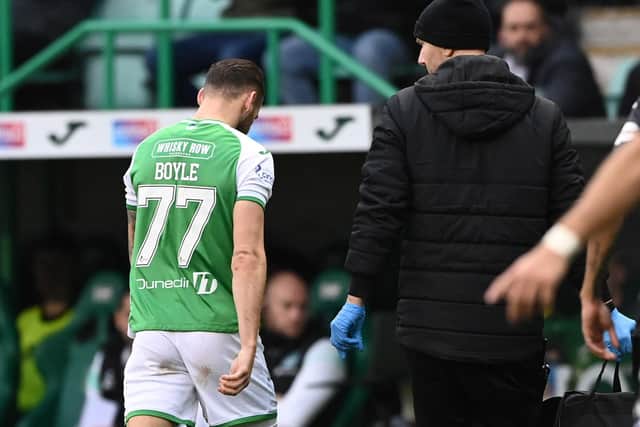 Australia winger Martin Boyle goes off injured during Hibs' 3-0 win over St Mirren at Easter Road on October 29. (Photo by Paul Devlin / SNS Group)