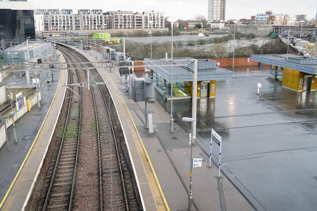 Empty platforms at Stratford station in east London during a strike by members of the Rail, Maritime and Transport union (RMT), in a long-running dispute over jobs and pensions. Picture date: Wednesday January 4, 2023.